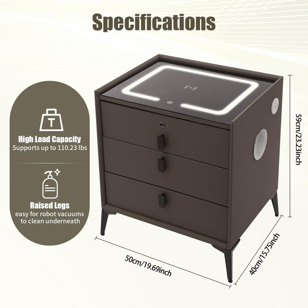 Dark Grey 3-Drawer Nightstand with Charging Station X169514