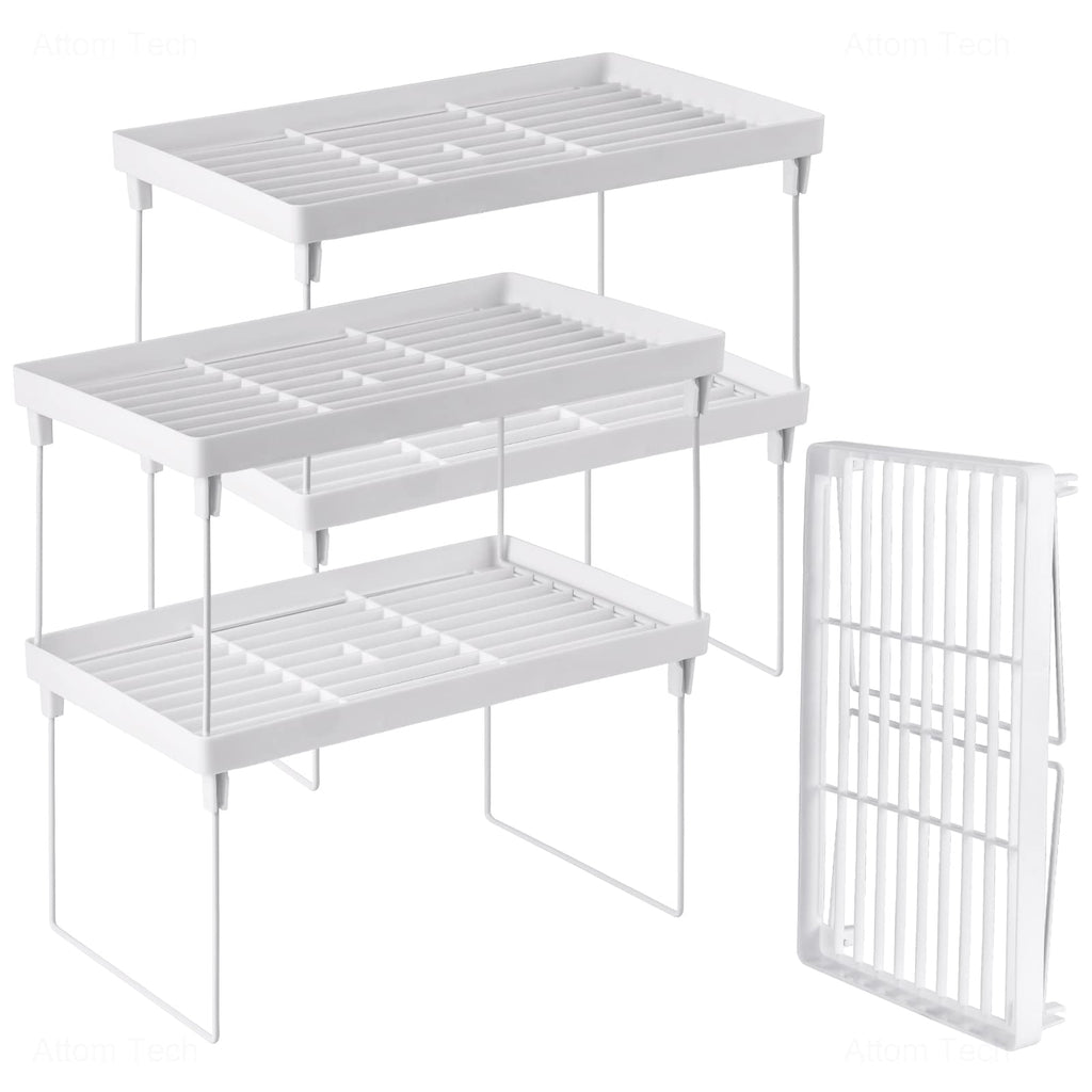 4-Pack Stackable Plastic Kitchen Storage Shelf Foldable Rack White E136866