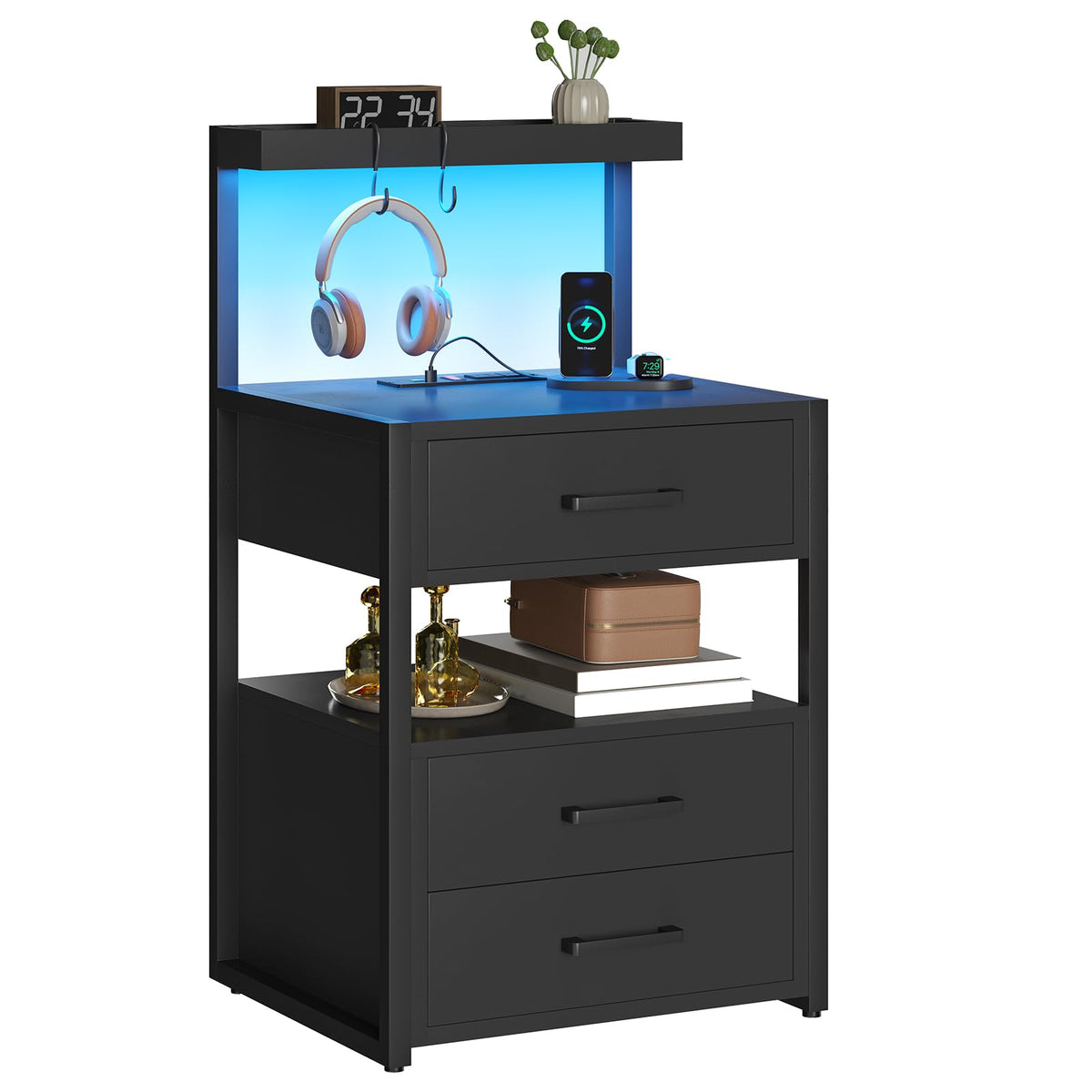 Black 3 Drawer Nightstand with Charging Station X397