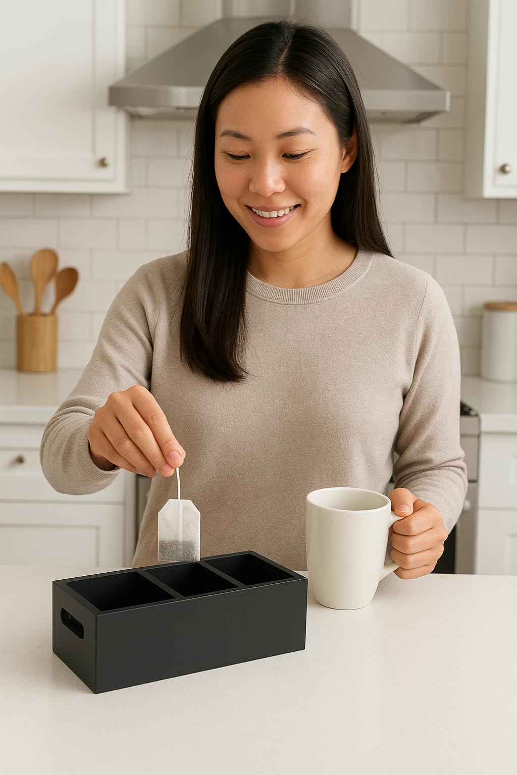Matte Black Wood 3 Compartment Organizer Tray I81853