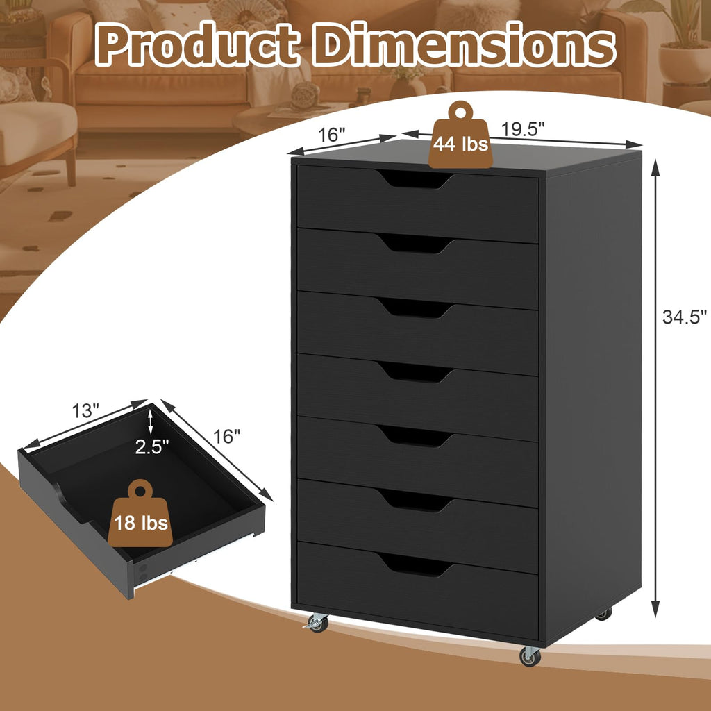 7 Drawer Wooden Storage Cabinet with Casters S927