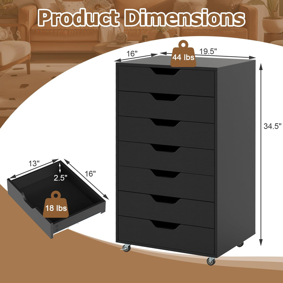7 Drawer Wooden Storage Cabinet with Casters S927