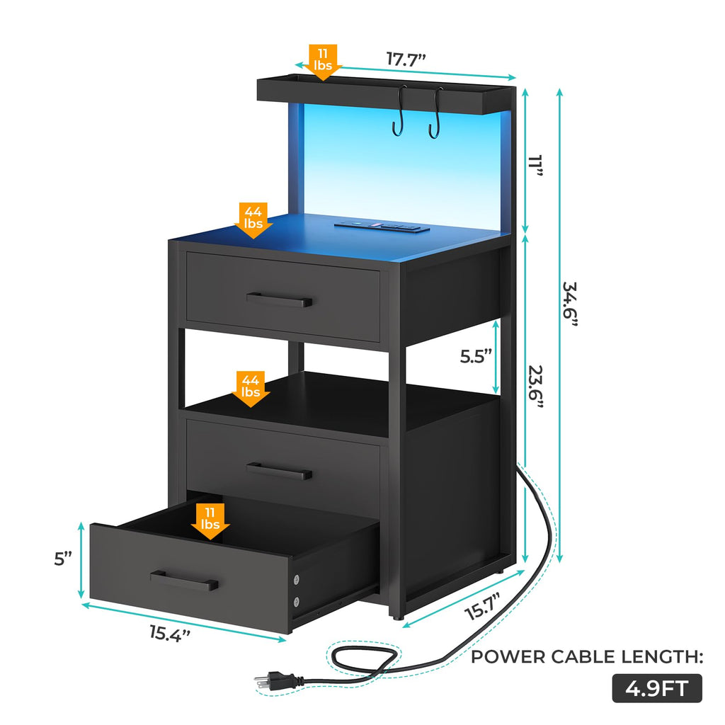 Black 3 Drawer Nightstand with Charging Station X397