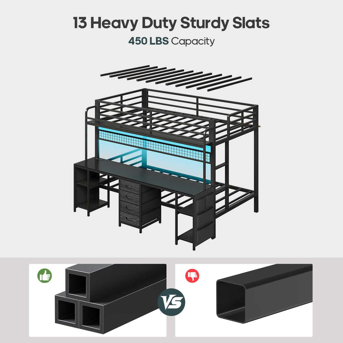 Twin Over Twin Bunk Bed with Desk and LED Lights Q902834