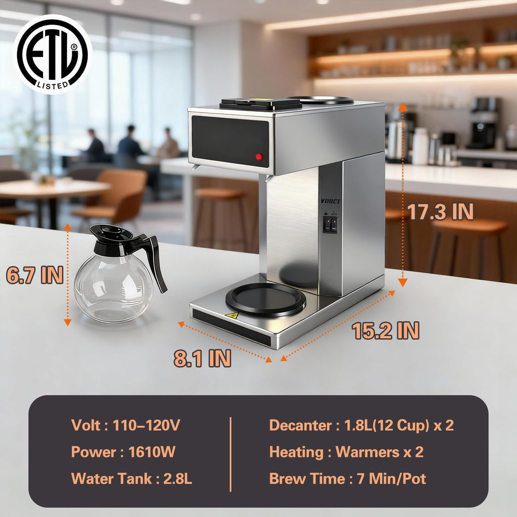 12-Cup Commercial Drip Coffee Maker with 2 Carafes T765