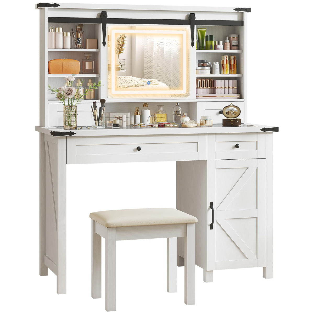 White Vanity Desk with Mirror, LED Lights, Stool J175