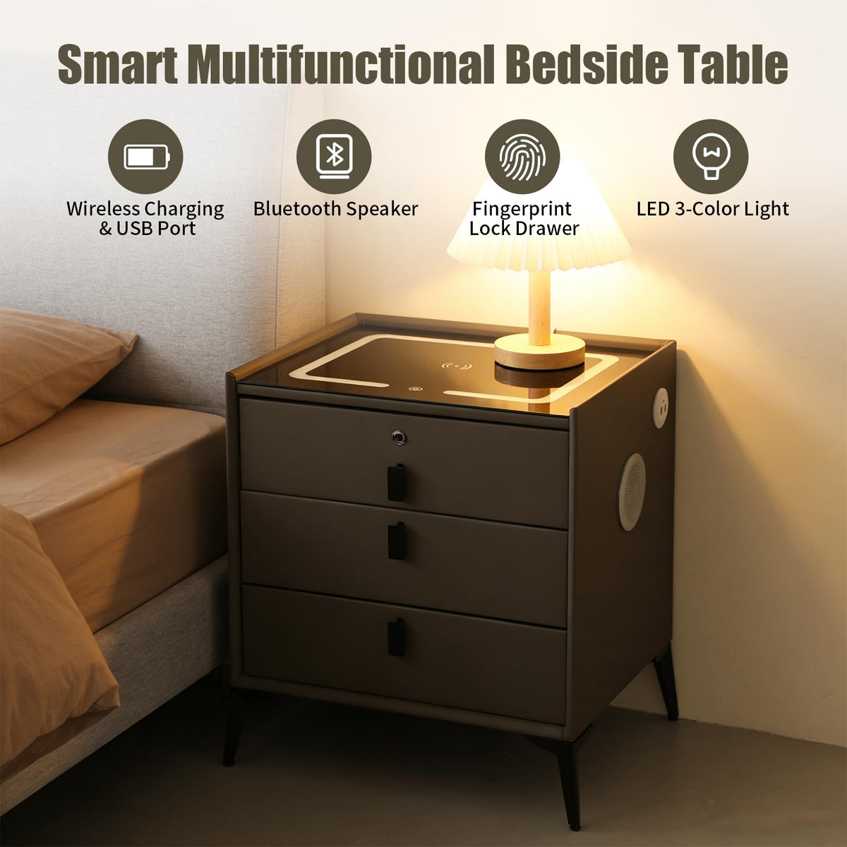 Dark Grey 3-Drawer Nightstand with Charging Station X169514