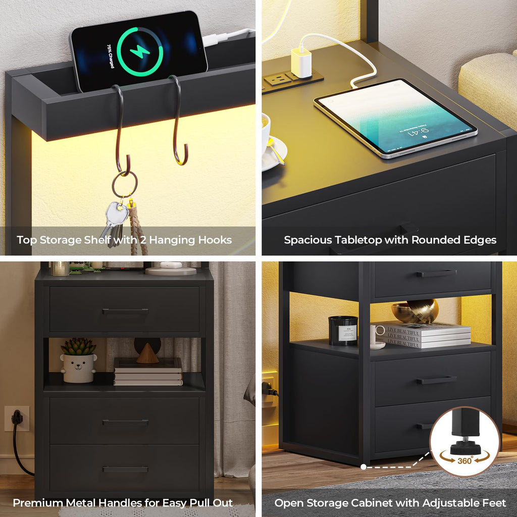 Black 3 Drawer Nightstand with Charging Station X397