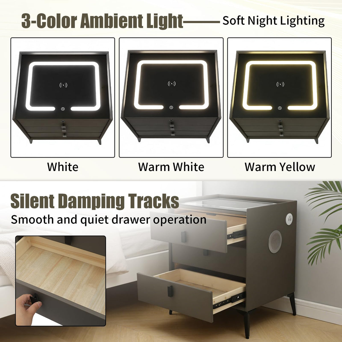 Dark Grey 3-Drawer Nightstand with Charging Station X169514