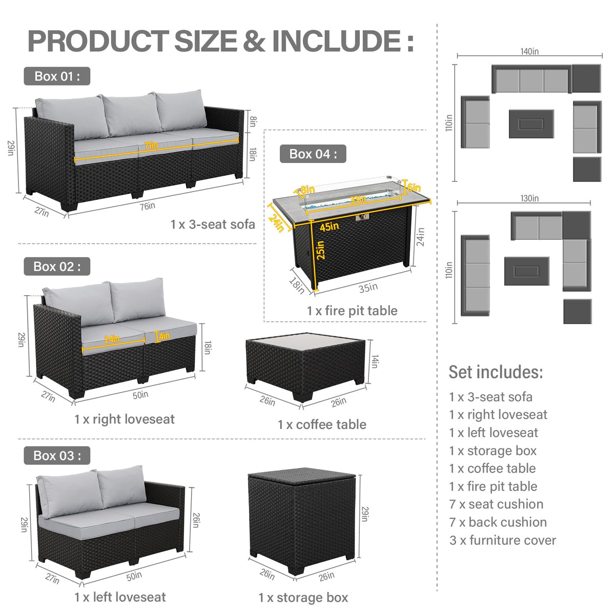 6 PCS Patio Furniture Set with Fire Table and Storage Box S79325