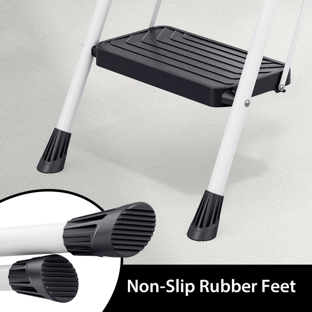2 Step White Folding Ladder with Anti-Slip Pedals V37132