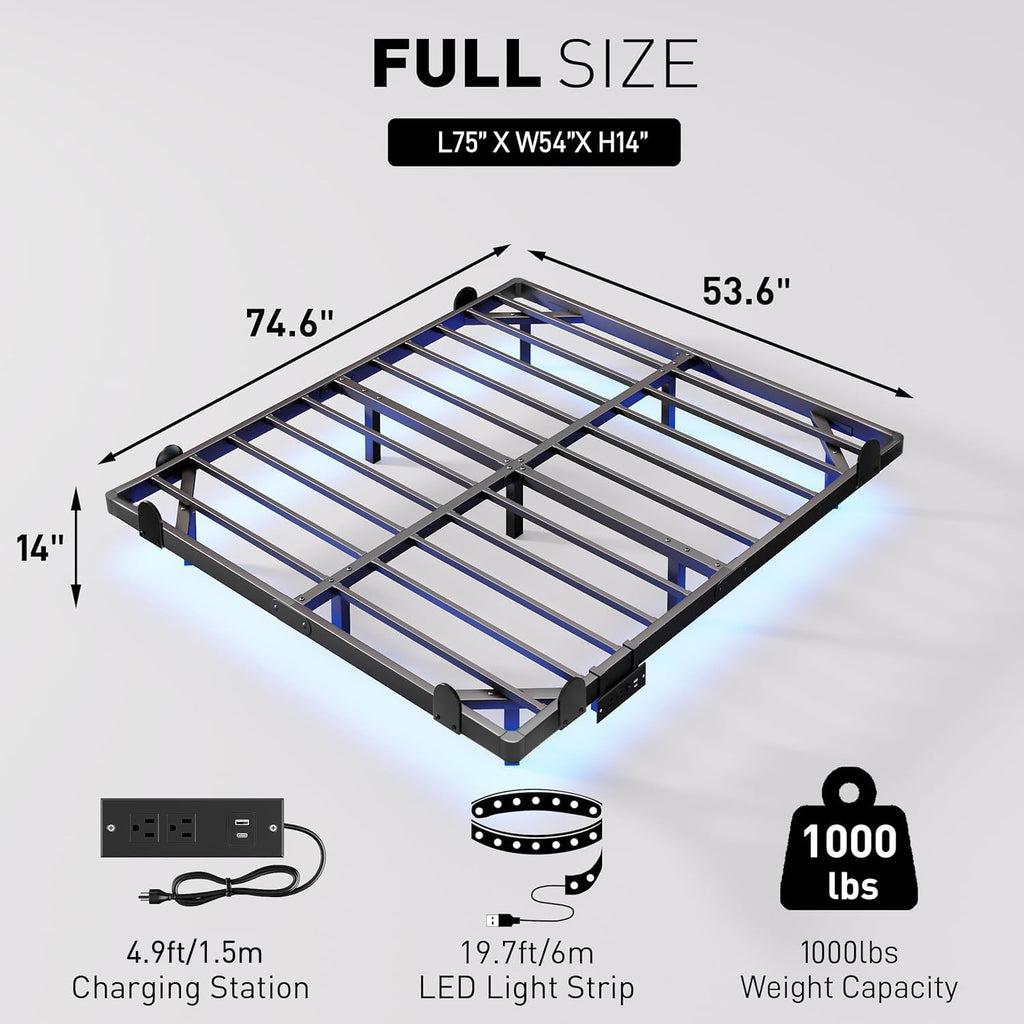 14 Inch Full Bed Frame with LED Lights and Charging Station D16550