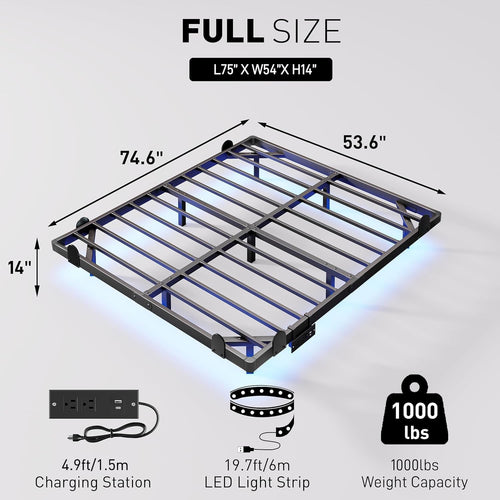 14 Inch Full Bed Frame with LED Lights and Charging Station D16550