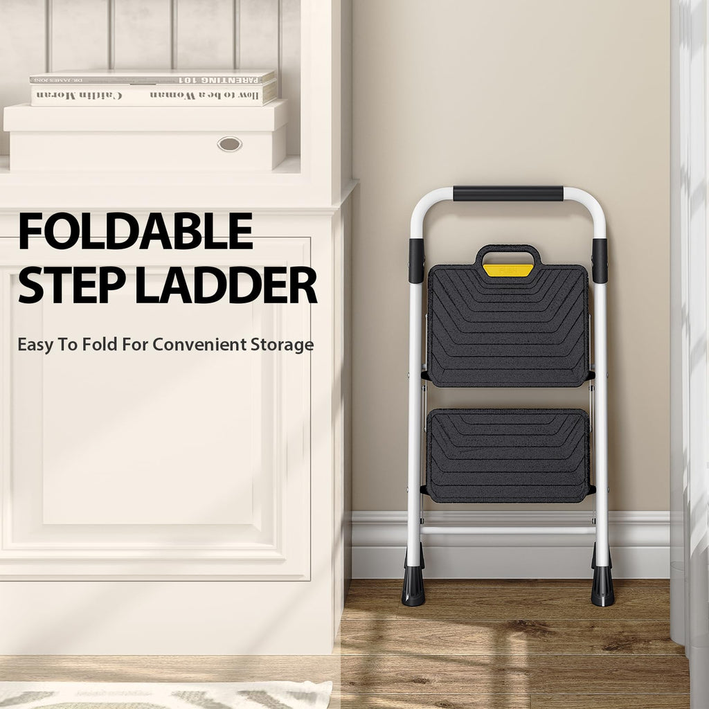 2 Step White Folding Ladder with Anti-Slip Pedals V37132