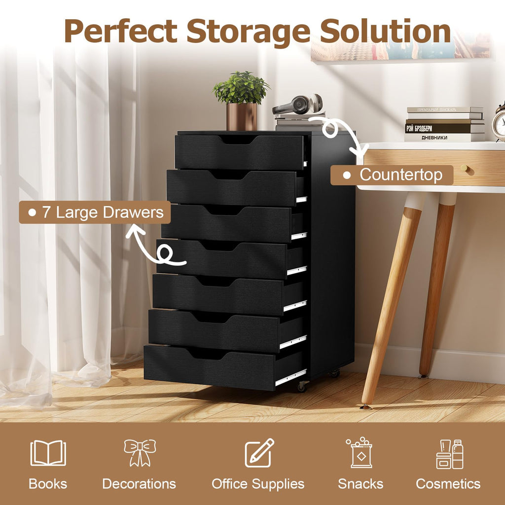 7 Drawer Wooden Storage Cabinet with Casters S927