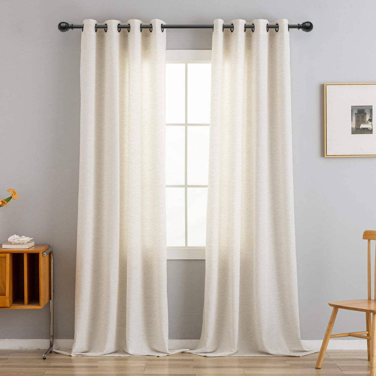 Natural Linen Curtains 90 Inches Long 2 Panels Black Grommets Z900