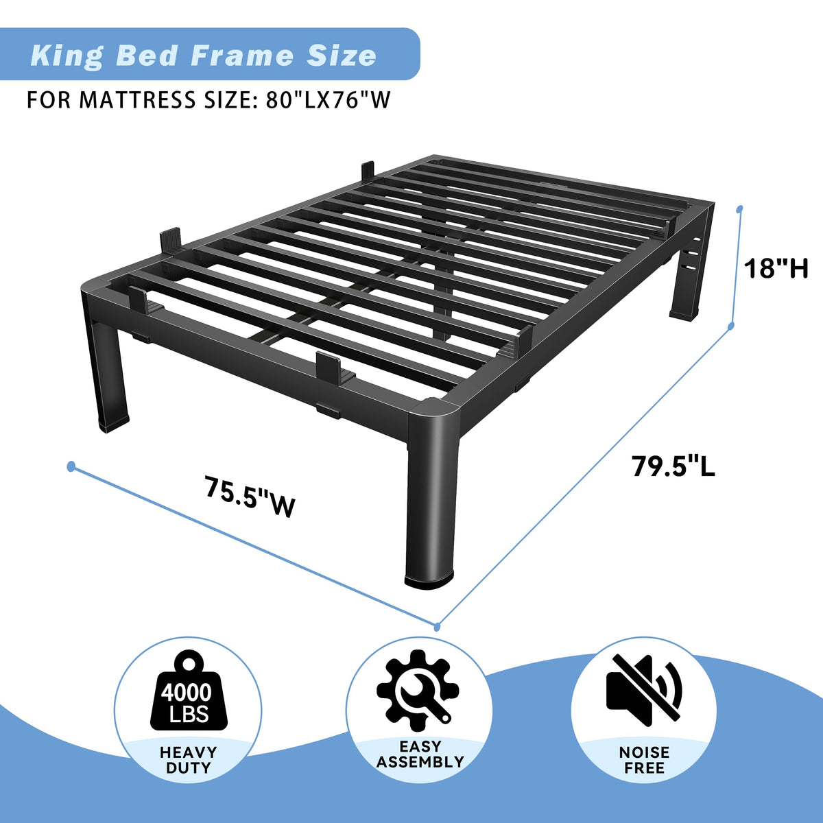 18 Inch Metal King Bed Frame with Steel Support F260849