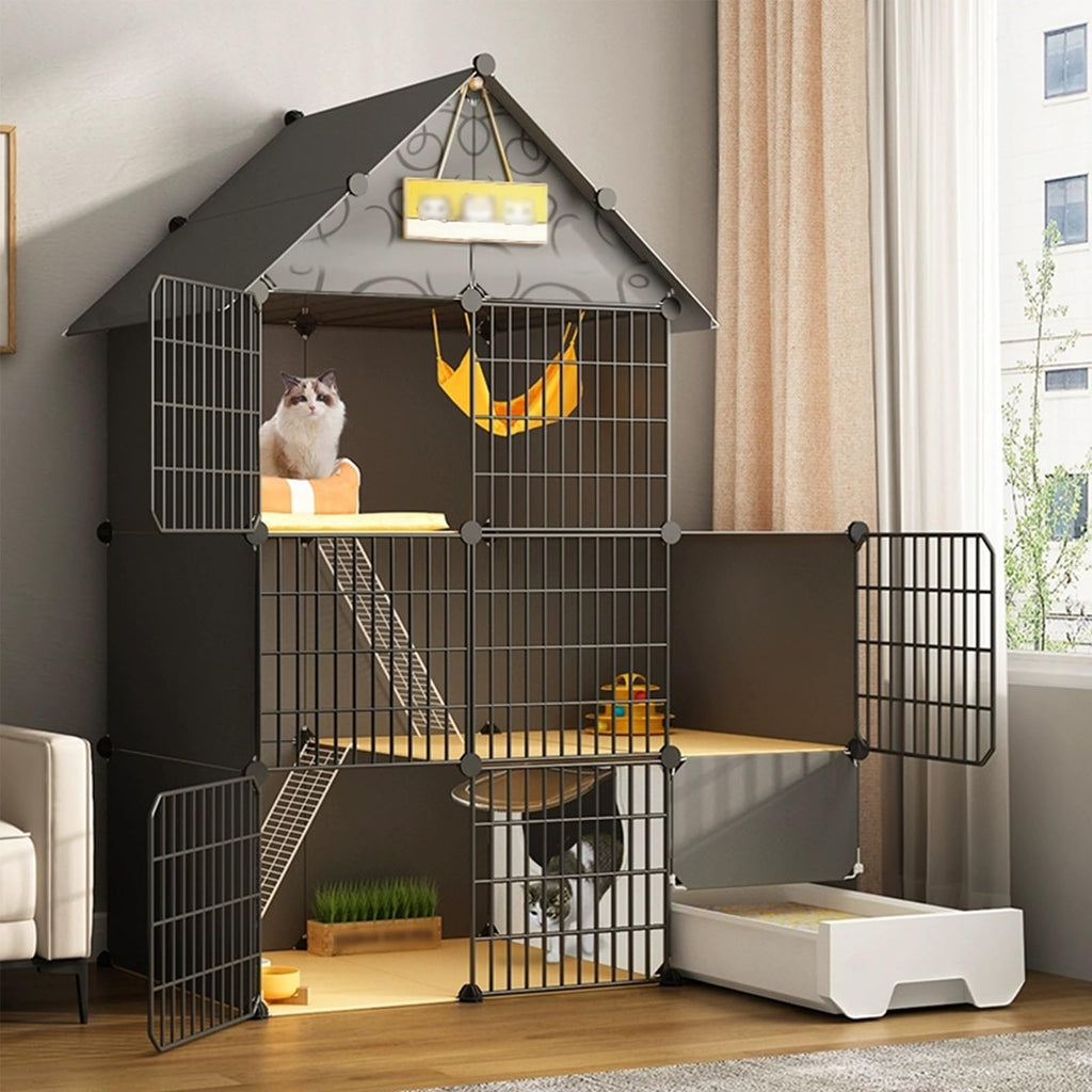 Large 3-Tier Detachable Metal Wire Cat Kennel with Litter Box and Hammock Y47852