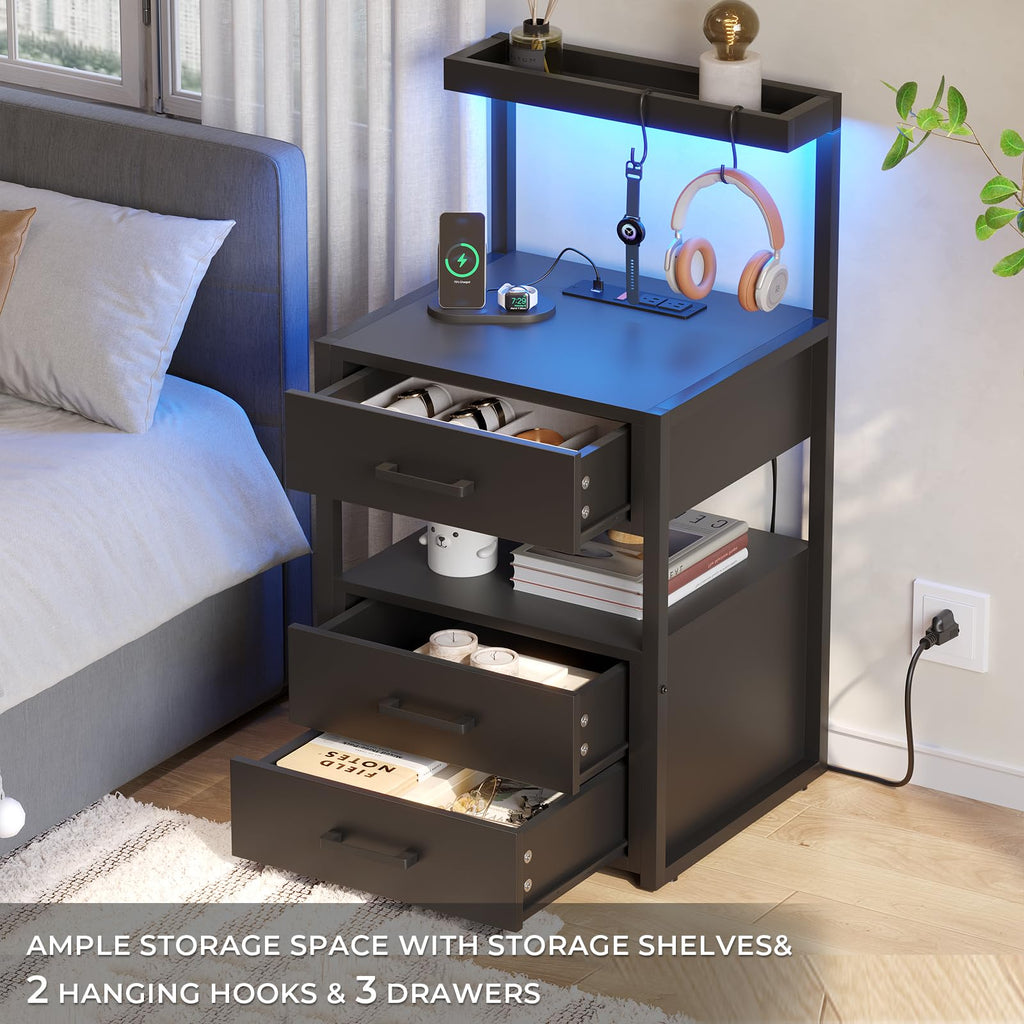 Black 3 Drawer Nightstand with Charging Station X397
