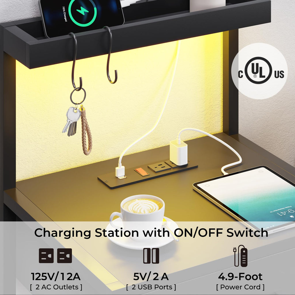 Black 3 Drawer Nightstand with Charging Station X397