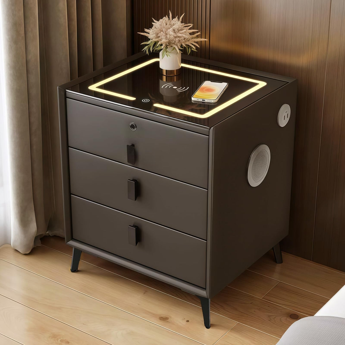 Dark Grey 3-Drawer Nightstand with Charging Station X169514