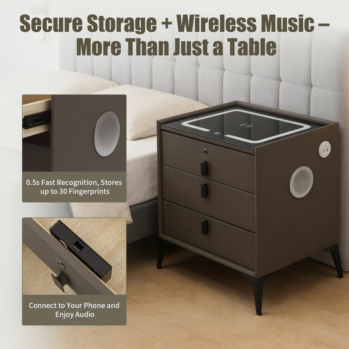 Dark Grey 3-Drawer Nightstand with Charging Station X169514