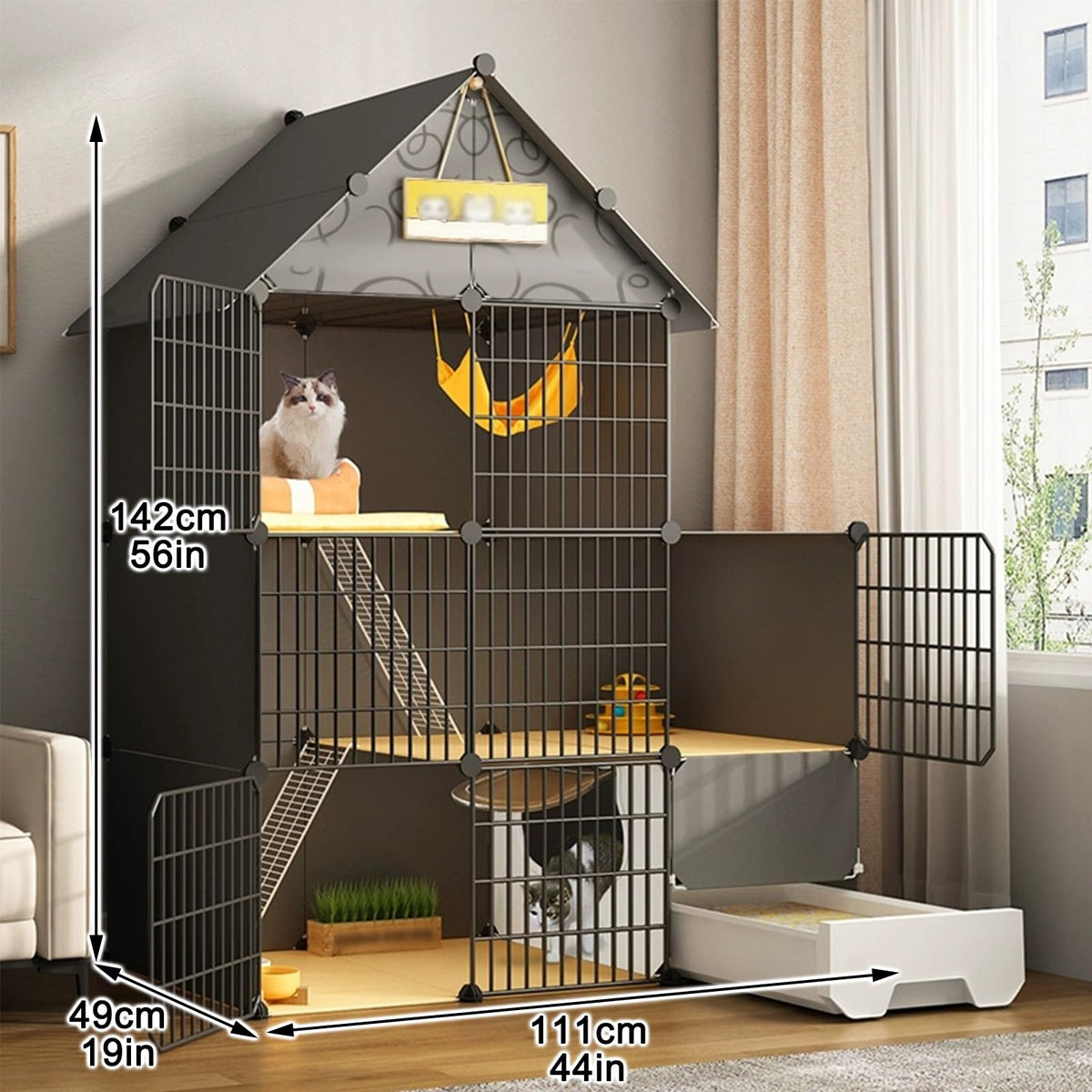 Large 3-Tier Detachable Metal Wire Cat Kennel with Litter Box and Hammock Y47852