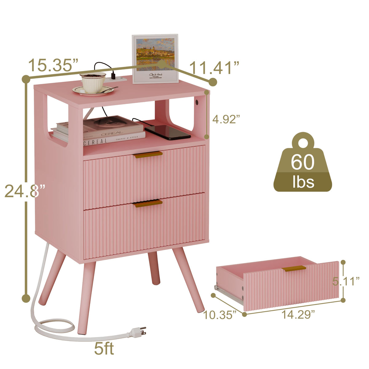 Pink Nightstand with Charging Station and LED Lights H364361