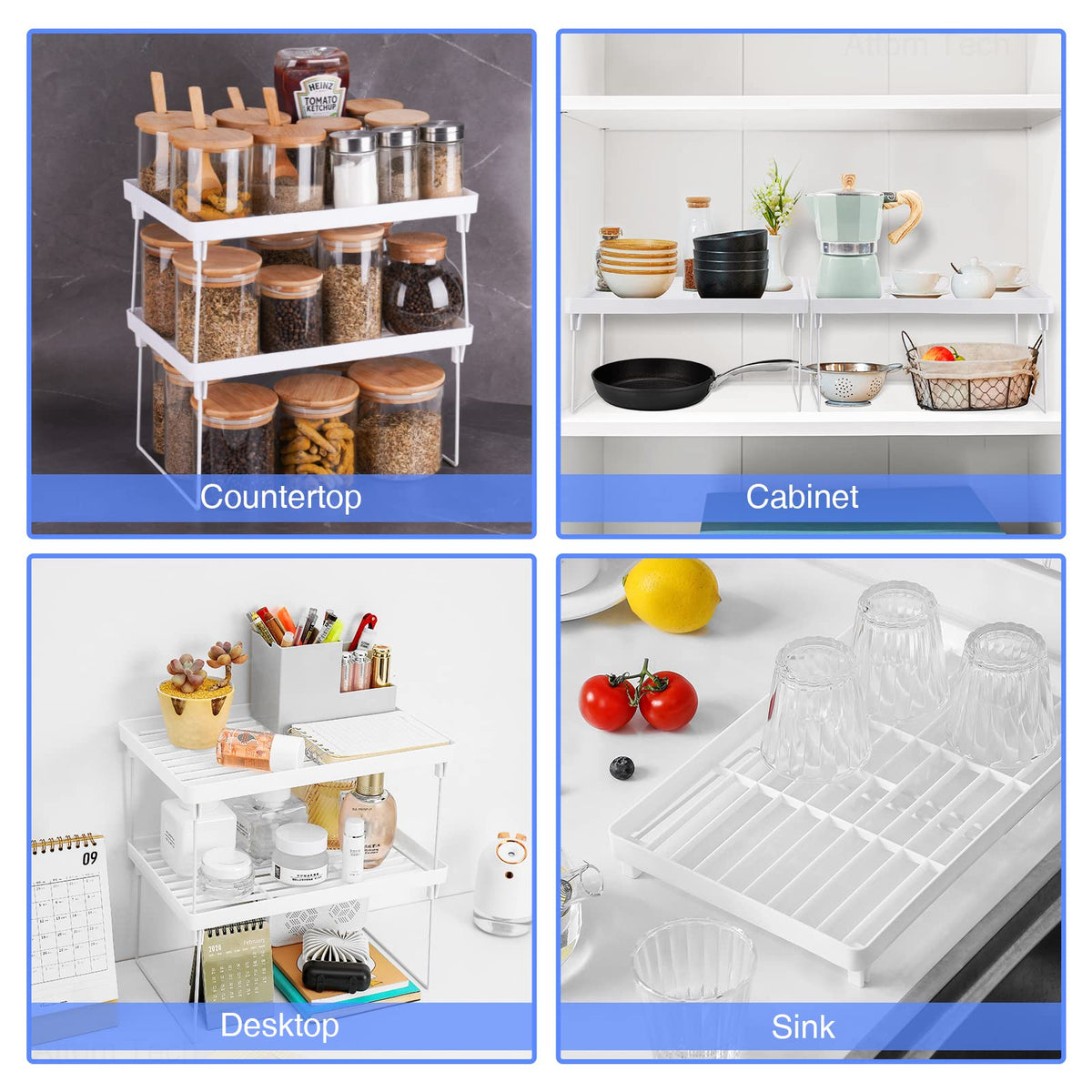 4-Pack Stackable Plastic Kitchen Storage Shelf Foldable Rack White E136866