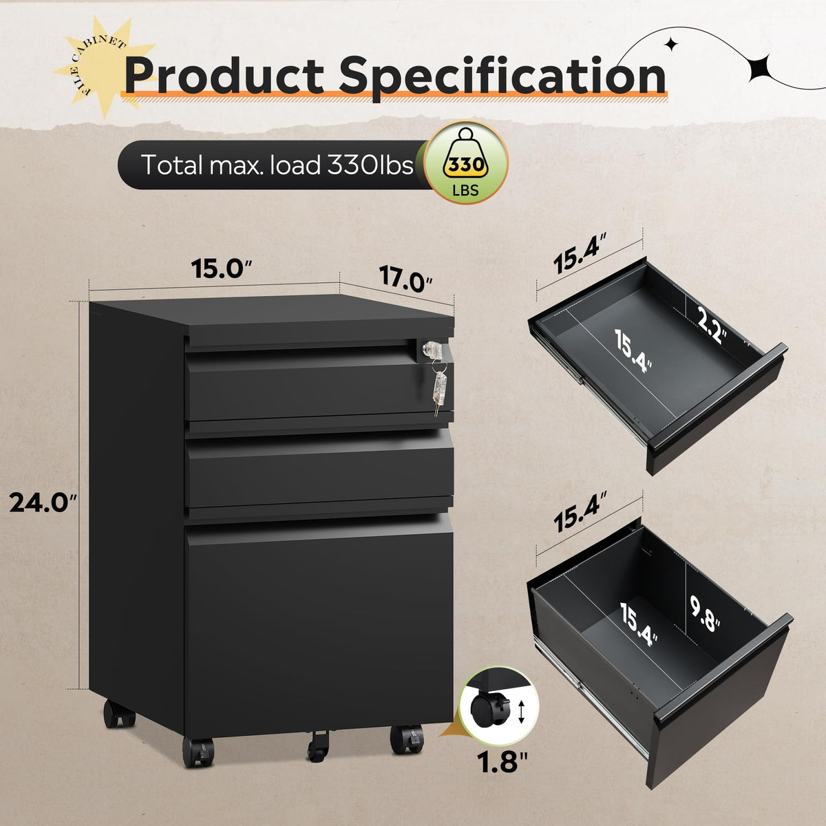 3 Drawer Mobile File Cabinet with Lock S220630