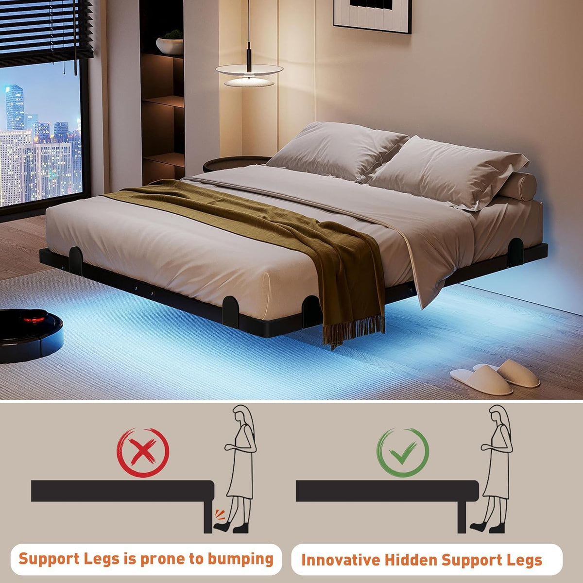 14 Inch Full Bed Frame with LED Lights and Charging Station D16550