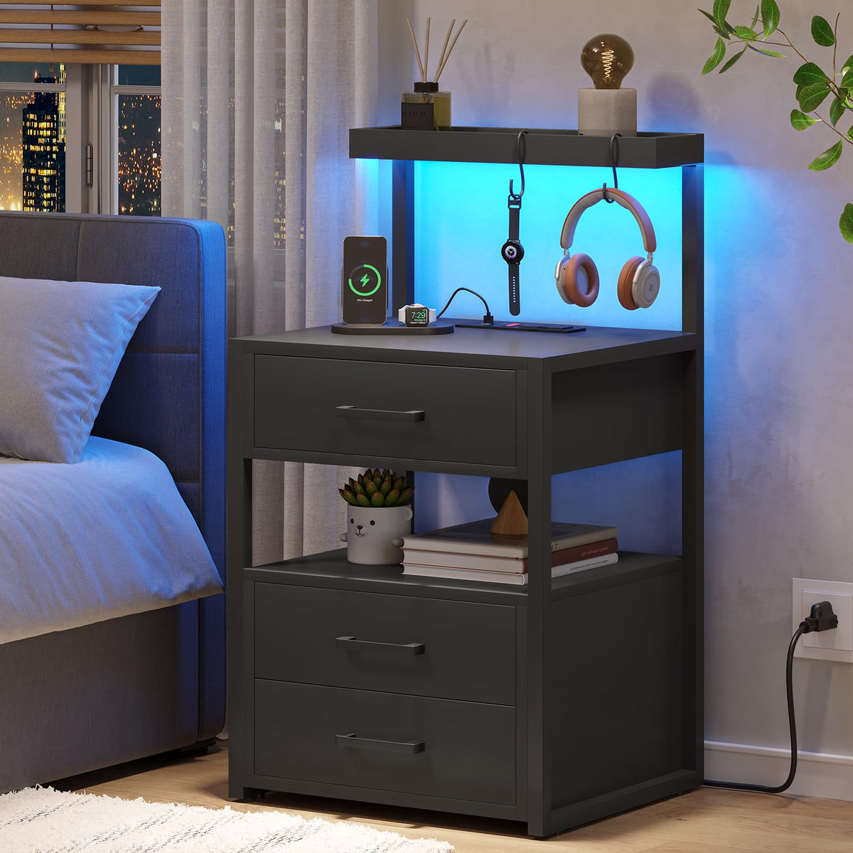 Black 3 Drawer Nightstand with Charging Station X397