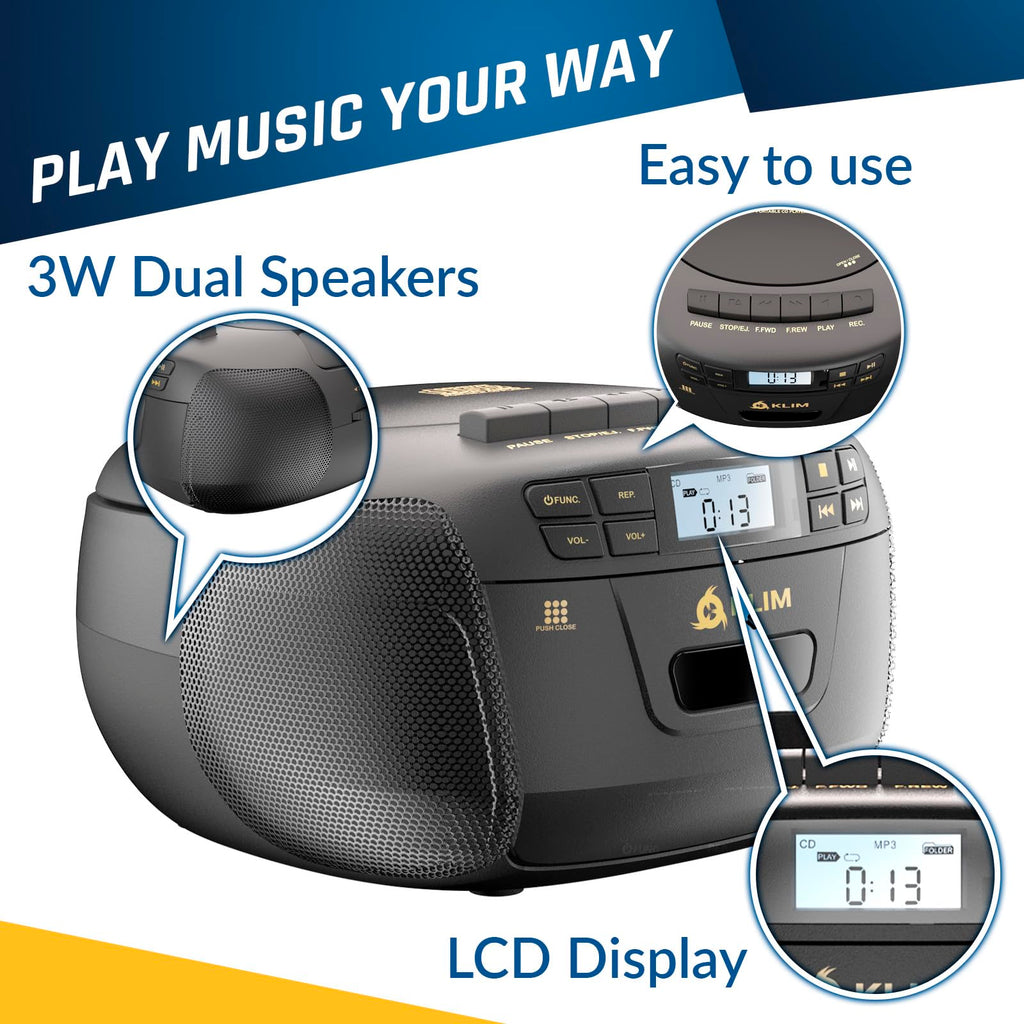 Black CD Cassette Player Boombox with Bluetooth and AM FM Radio H7056