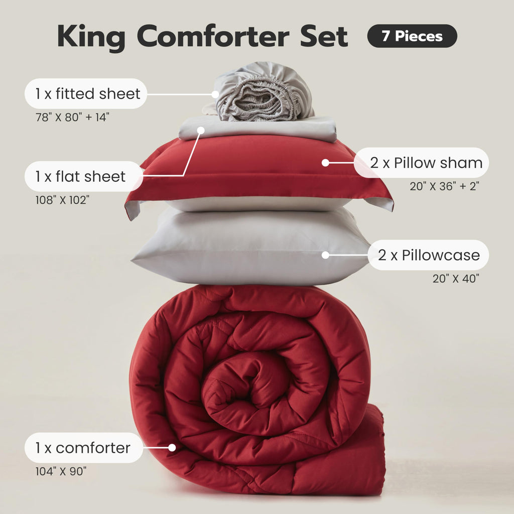 King Size 7 Pieces Red Bedding Set with Sheets S5286