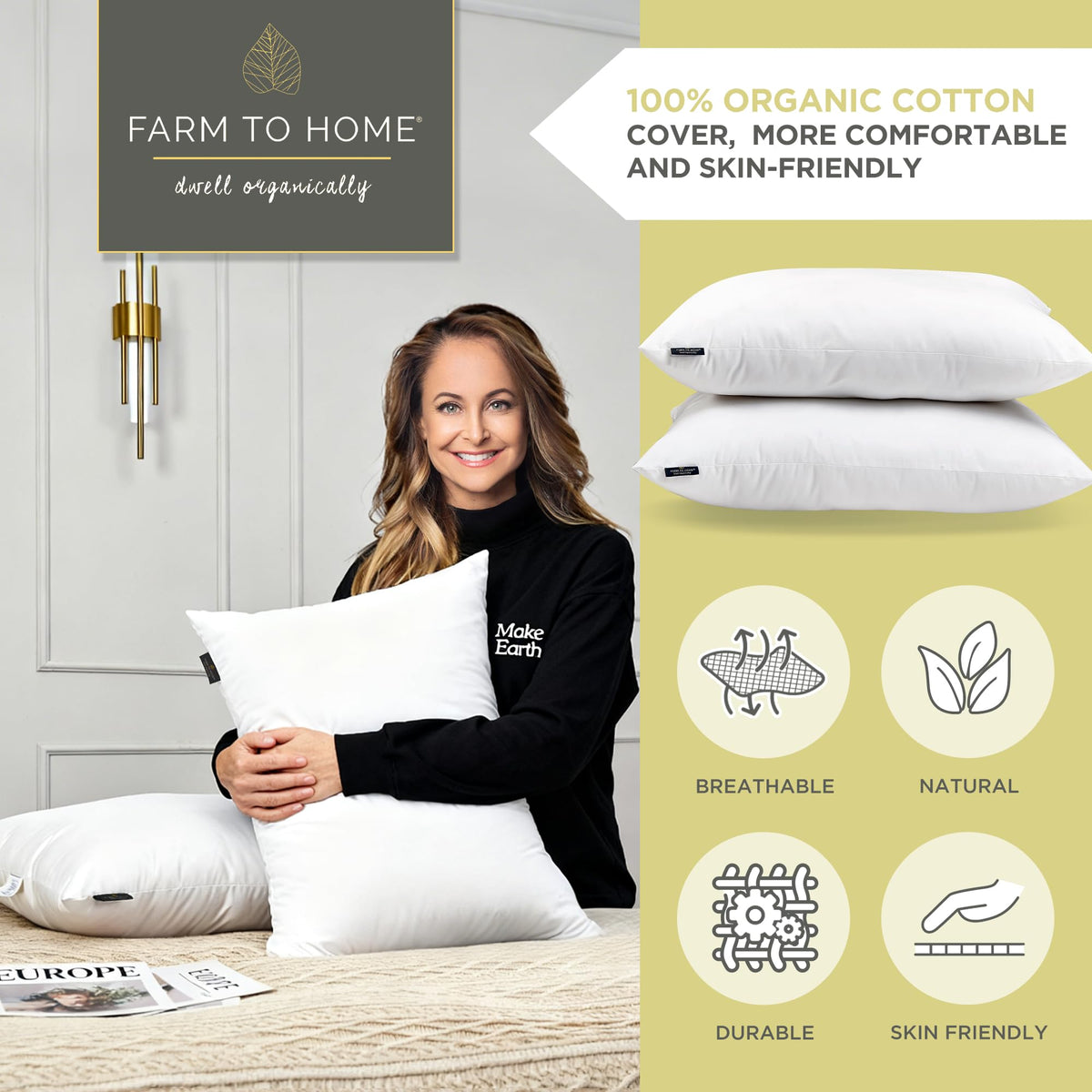 Feather and Down Pillows, 100% Organic Cotton Cover N250631