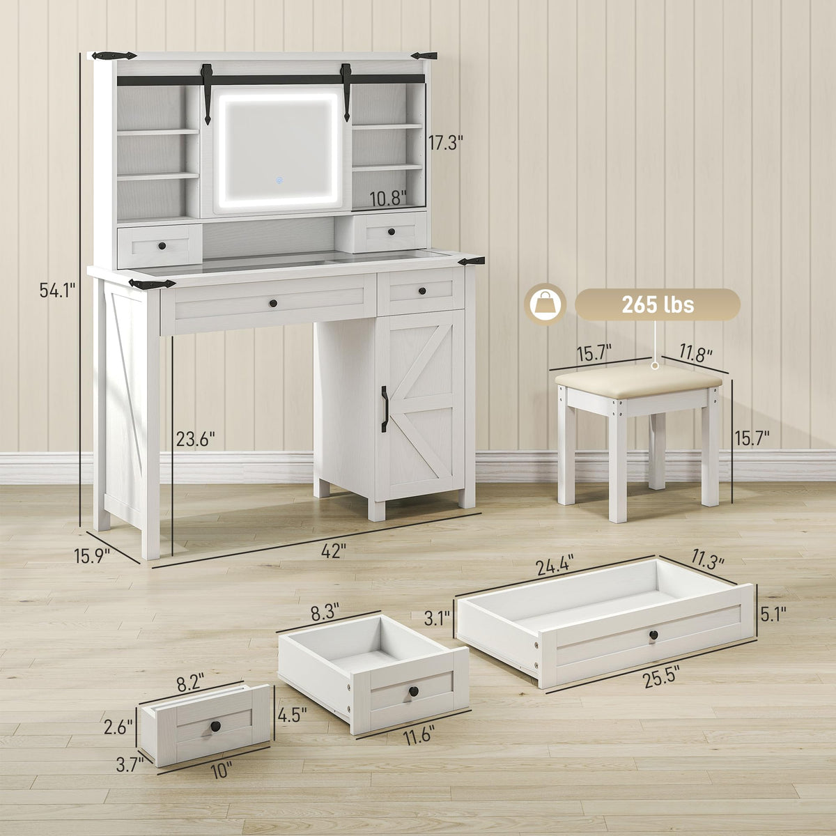 White Vanity Desk with Mirror, LED Lights, Stool J175