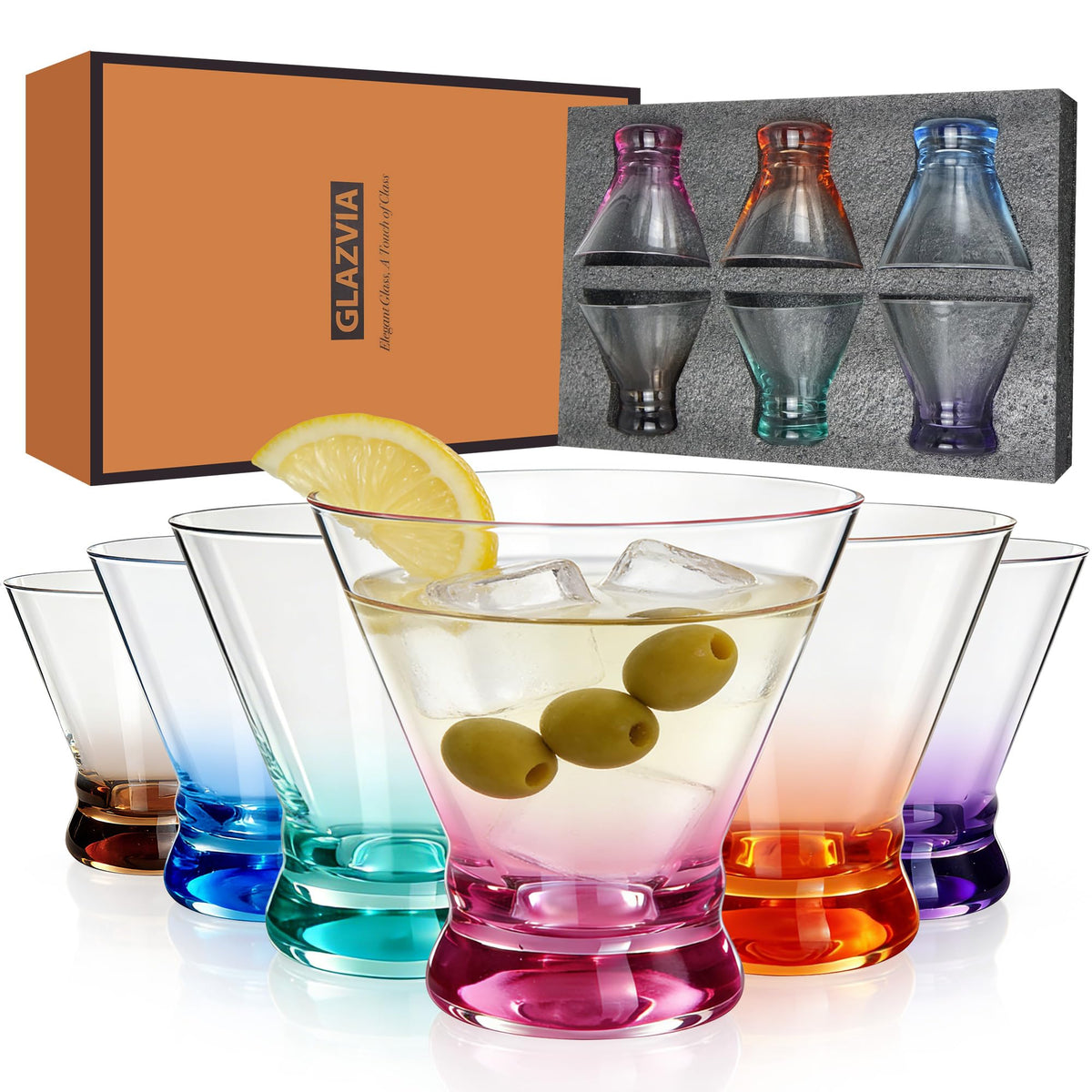 Multi Colored Stemless Martini Glasses Set of 6 R628