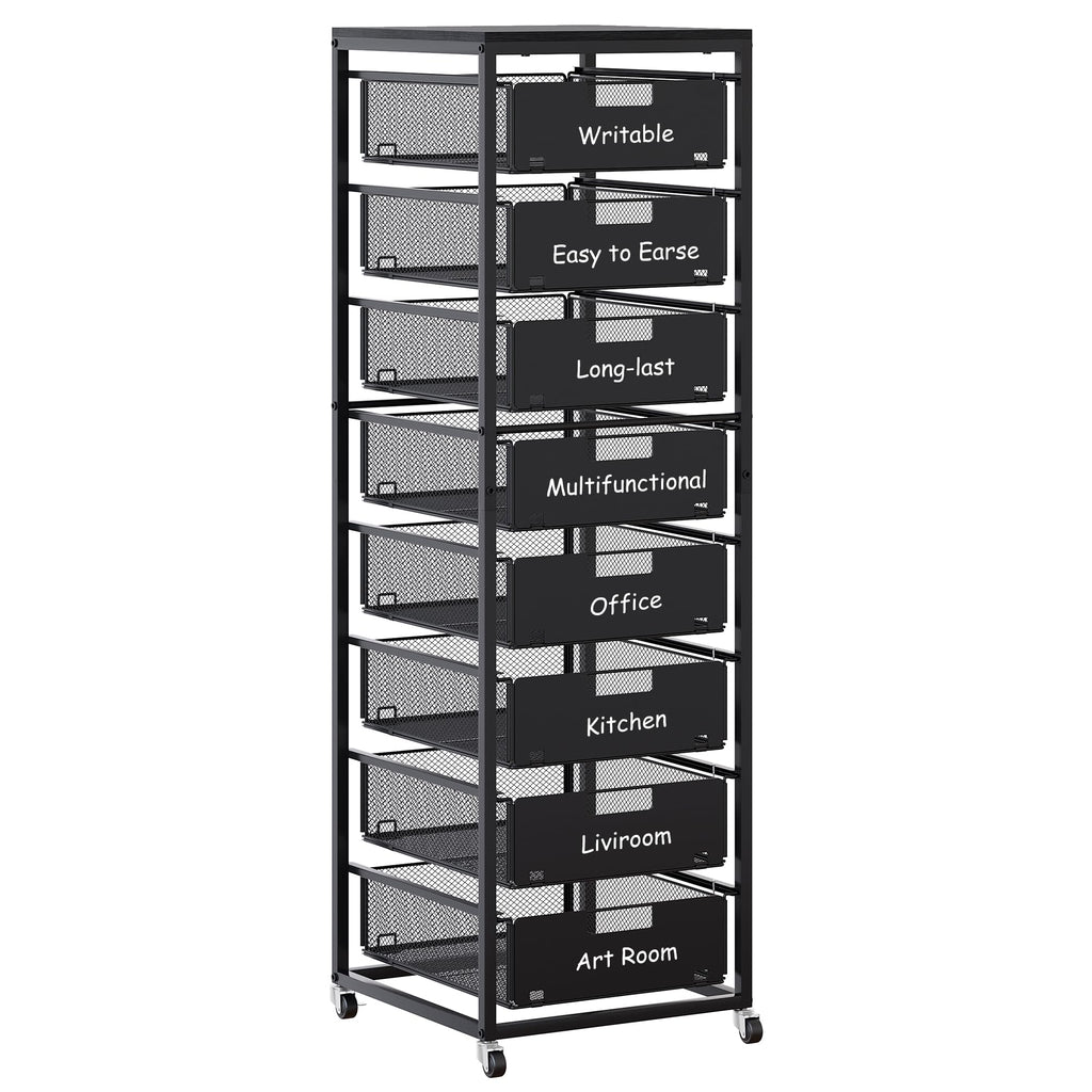 Black 8 Drawer Metal Rolling Storage Cart with Wood Tabletop E5583