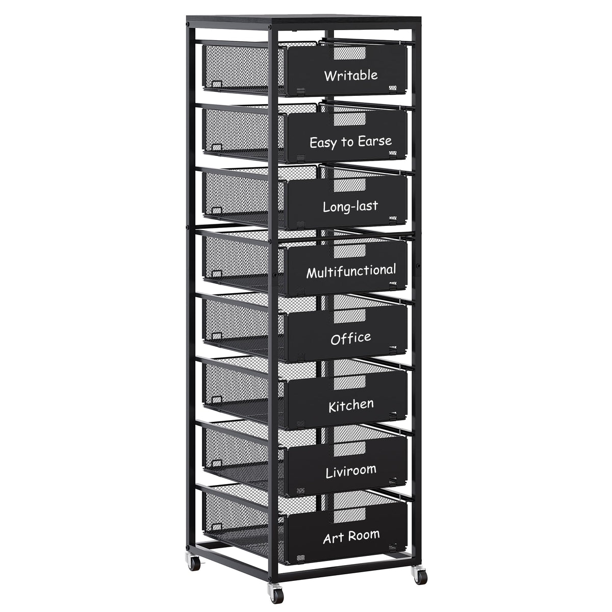 Black 8 Drawer Metal Rolling Storage Cart with Wood Tabletop E5583