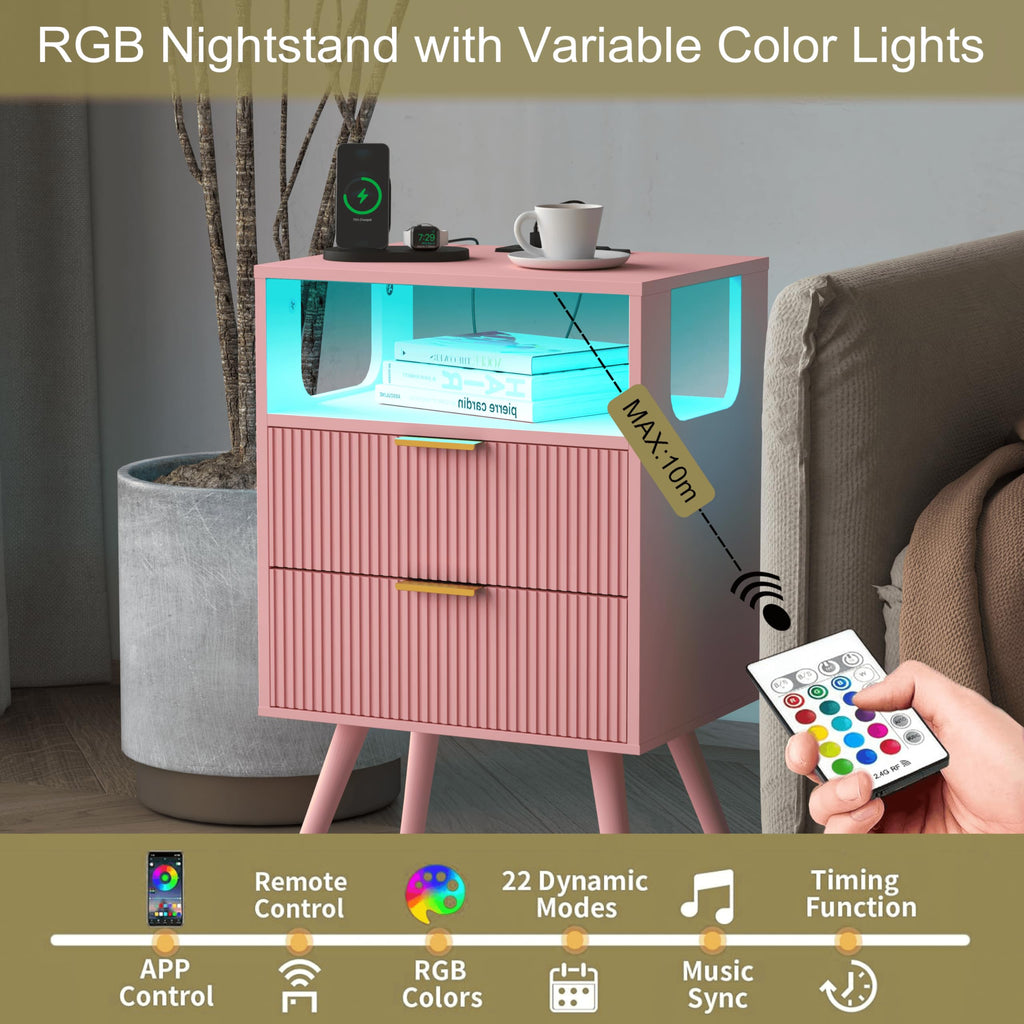 Pink Nightstand with Charging Station and LED Lights H364361