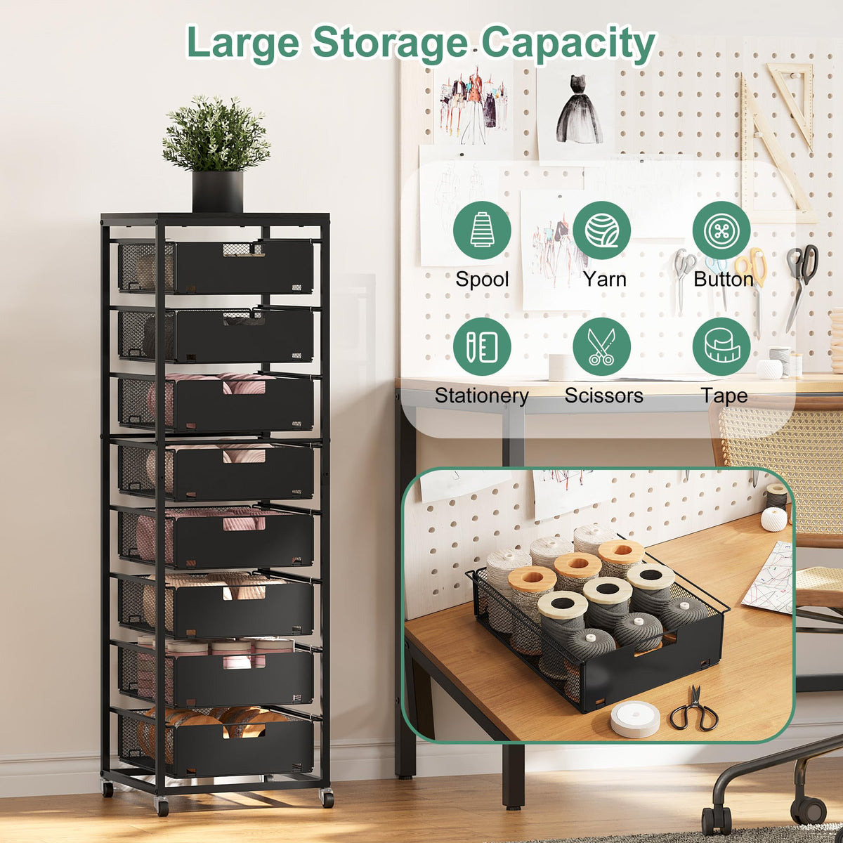 Black 8 Drawer Metal Rolling Storage Cart with Wood Tabletop E5583