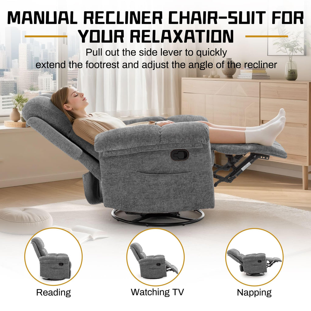 Grey Chenille Swivel Rocker Recliner Chair Z19009