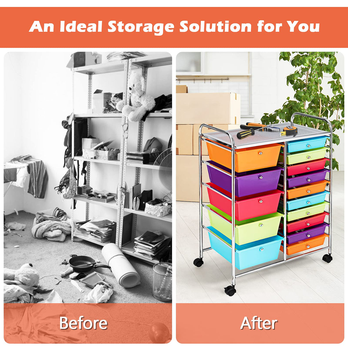 15 Drawer Rolling Storage Cart with Lockable Wheels Y99358