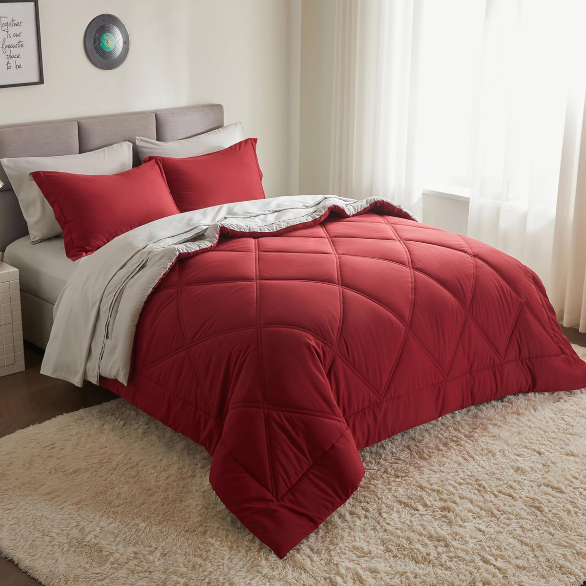 King Size 7 Pieces Red Bedding Set with Sheets S5286
