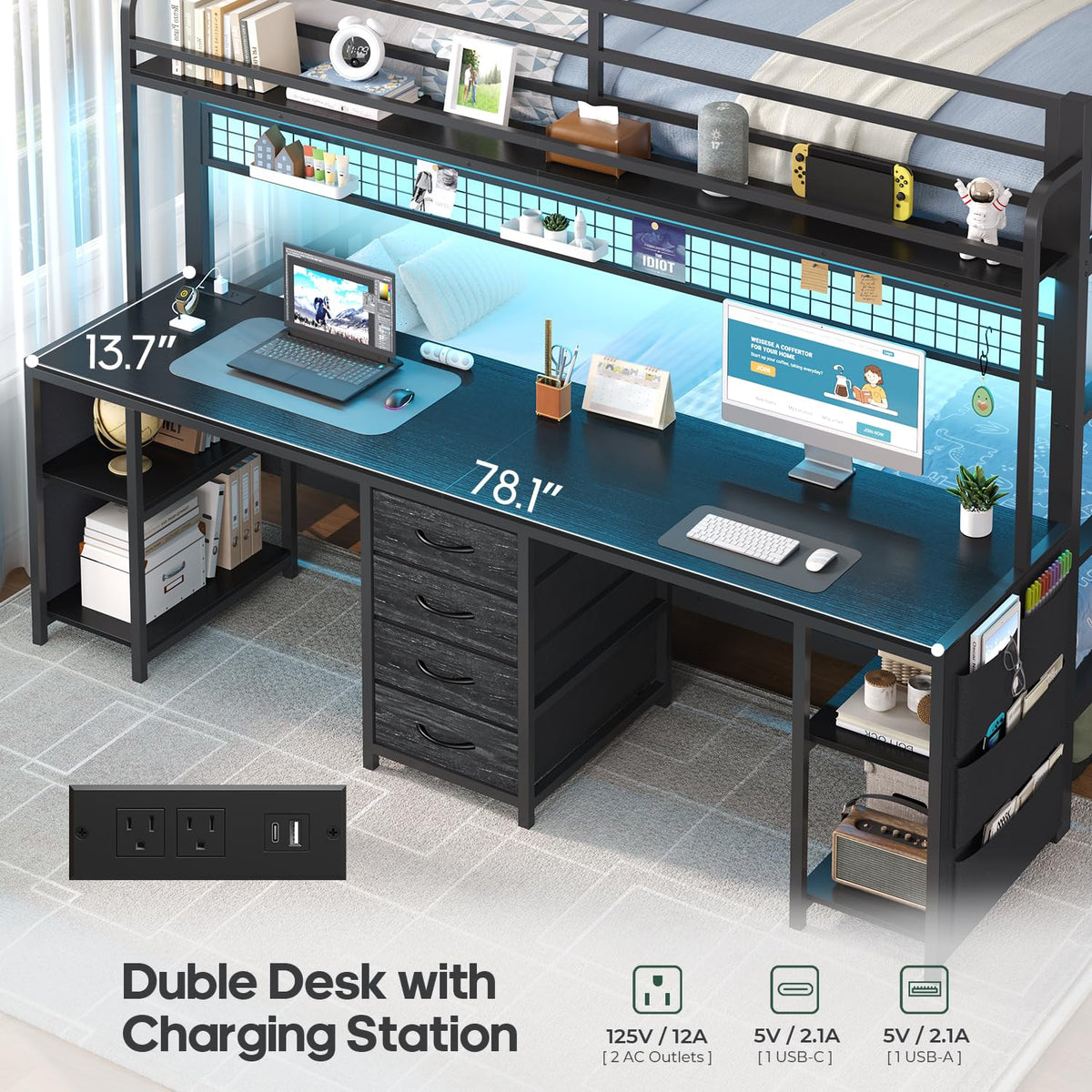 Twin Over Twin Bunk Bed with Desk and LED Lights Q902834
