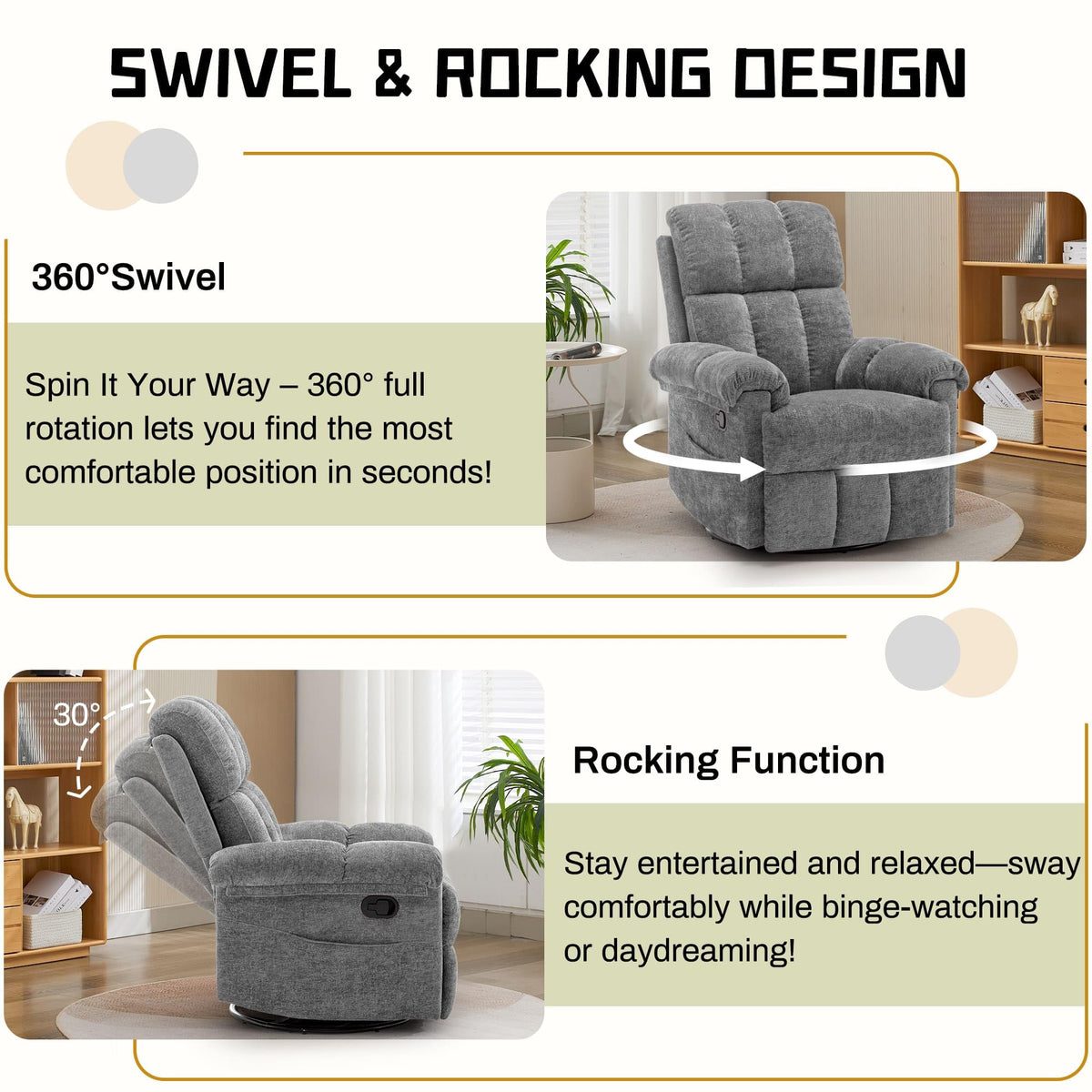 Grey Chenille Swivel Rocker Recliner Chair Z19009