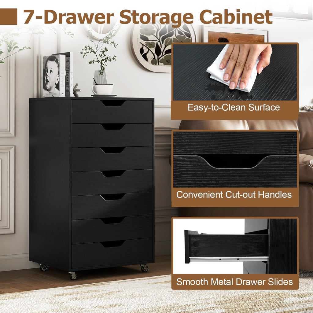 7 Drawer Wooden Storage Cabinet with Casters S927