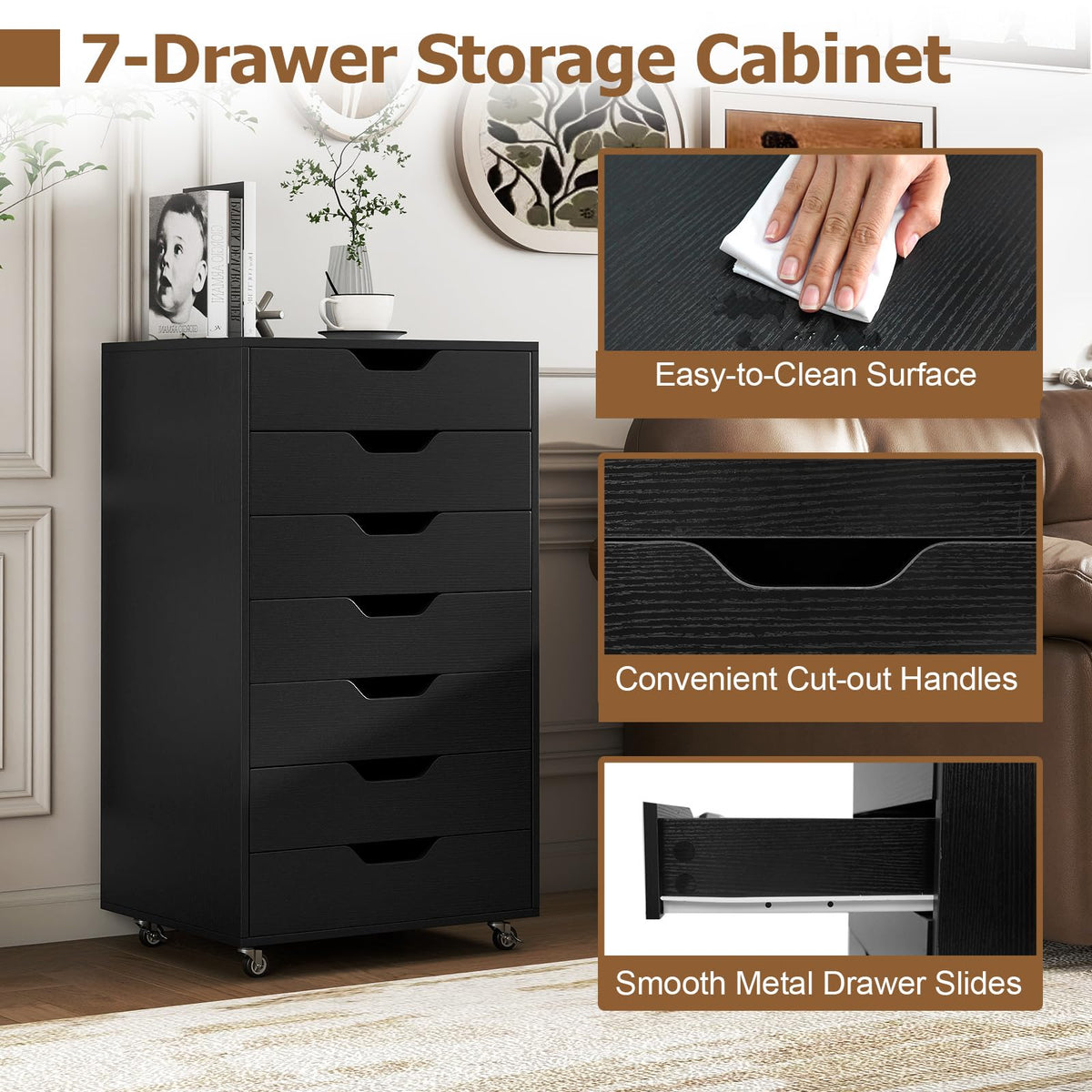 7 Drawer Wooden Storage Cabinet with Casters S927