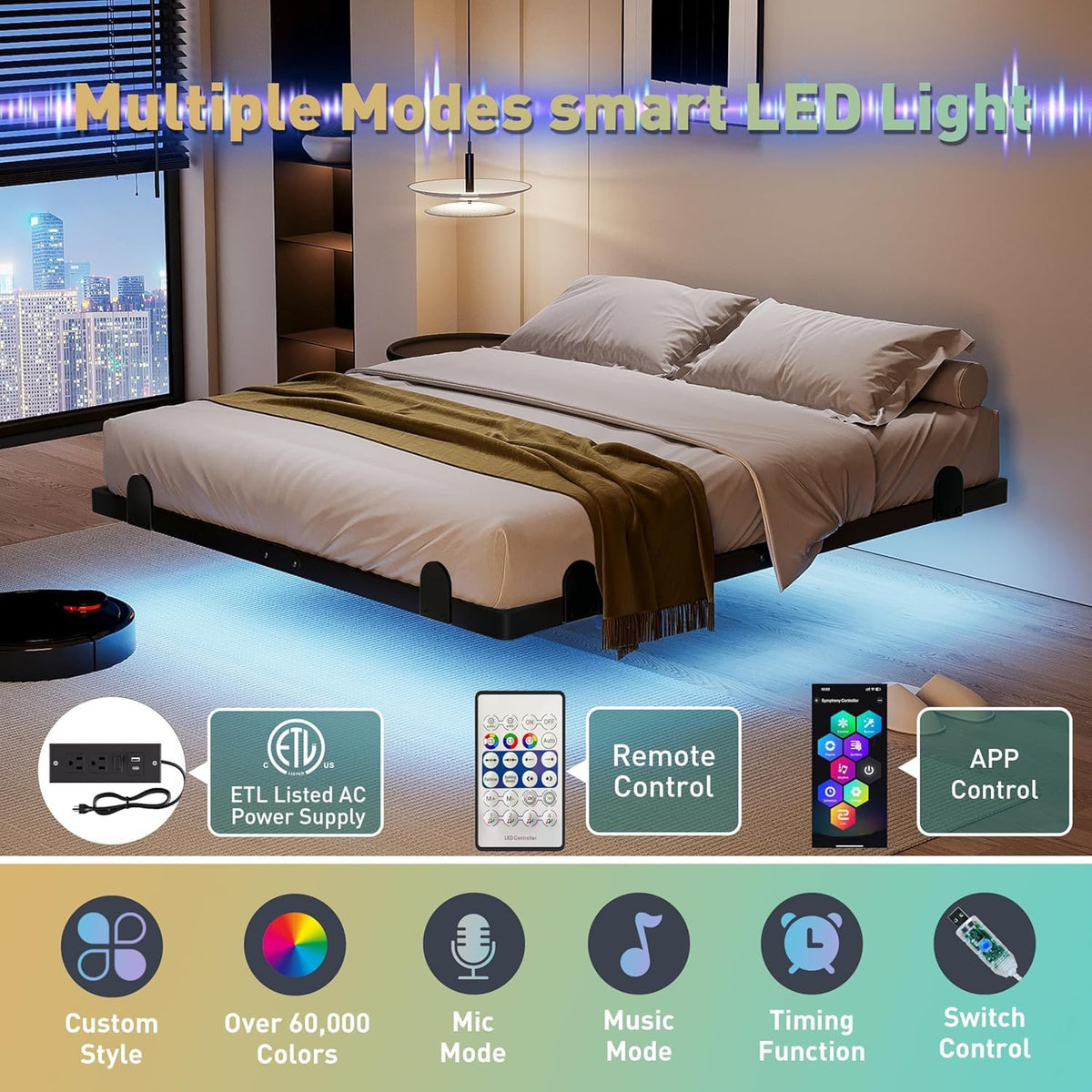 14 Inch Full Bed Frame with LED Lights and Charging Station D16550