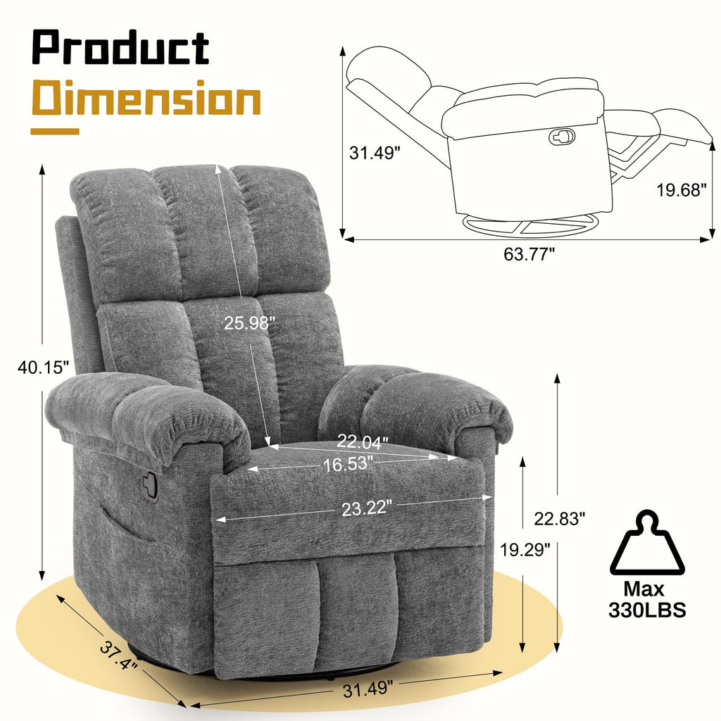 Grey Chenille Swivel Rocker Recliner Chair Z19009